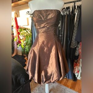 May Queen Shimmering Brown Strapless Mini Dress